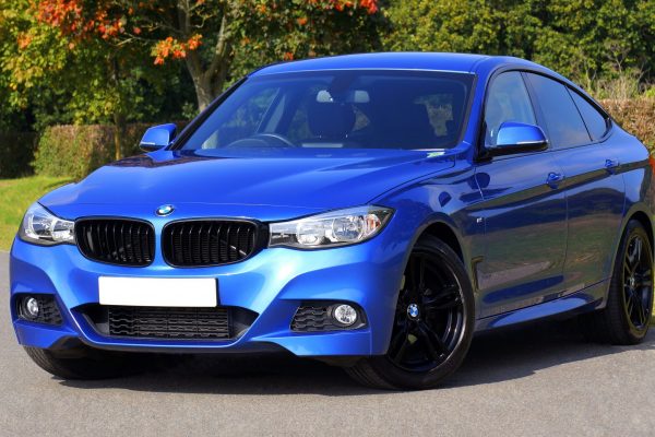 blue-bmw-sedan-near-green-lawn-grass-170811